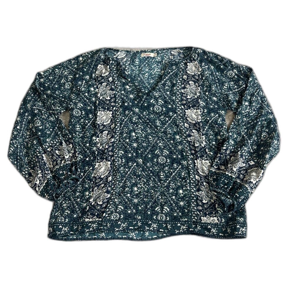 Faherty Silk Top Womens XS Blouse Boho Green Navy Cream Shirt